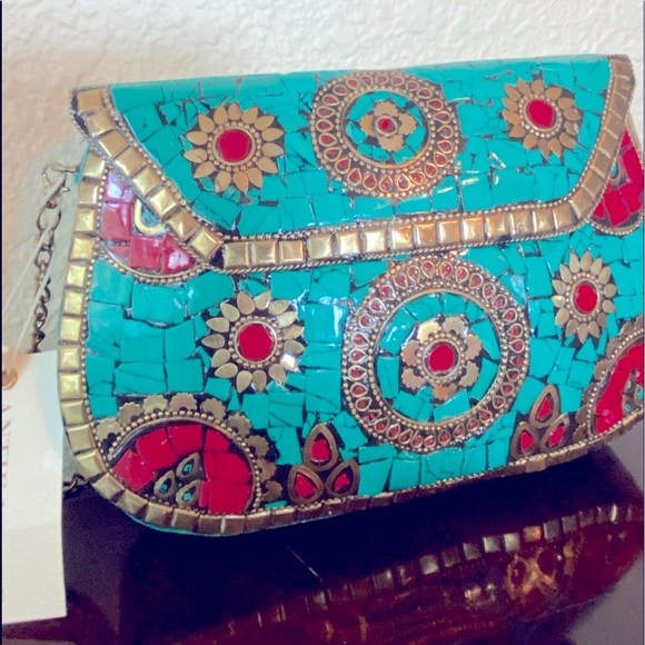 Antik Kraft Metal Convertible Turquoise Purse Mosaic Tiles Gold chain NWT - Picture 6 of 14